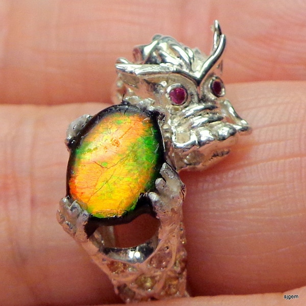 Rare Ammolite,Dragon 925 Ring,Multi Colored Stone,Golden,Green,& Red,Petrified Stone,Natural Color Changing Gemstone,Collectors Stone,OOAK