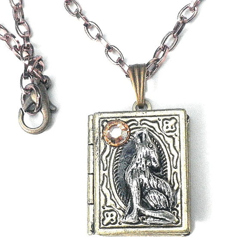 Werewolf Locket Necklace, Antiqued Brass, Book Locket, Silver Tone Howling Wolf, Yellow Swarovski Crystal Moon image 2