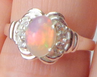 Sz 7, Welo Opal Ring, White Topaz, Sterling Silver Ring,Natural Gem Ring,Etiopian Opal,Mystical  Gem Ring,Lavender Peach Teal,Fine Jewelry