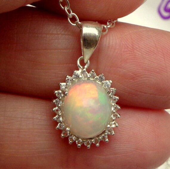 Ethiopian Welo Opal, Sterling Silver Necklace,Natural Gemstone, Fine Welo Opal Jewelry, Genuine Opal Necklace, CZ Halo, OOAK