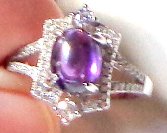 Sz 7 Ring, Vintage Setting, Purple Amethyst Ring, Sterling Silver, White Sapphire Accents