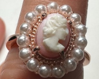 Hand Carved Conch Shell Cameo, Rose Gold Filled, New Sterling Silver Ring, Seed Pearl Accents, Size Adjustable, OOAK