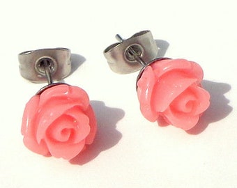 Carved Pink Coral, Rose Bud Earrings, Ladies Gift, Stainless Steel, Nickel Free Posts with Butterfly Backs