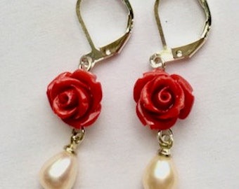 Carved Red Coral Rose Earrings, Hand Crafted, Ladies Gift, Dandling Pearls, Silver tone lever backs