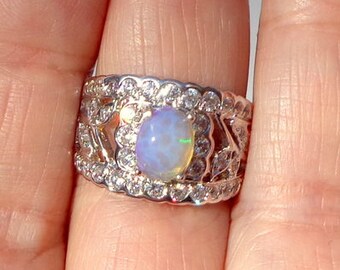 SALE, Sz 7.5,Natural Welo Opal,Wide Band Ring,Sterling Silver,CZ Accents,Filigree Setting,Beautiful Color Play,Blue,Lavender,Green Fire,OOAK