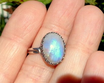 Adjustable Size, Rainbow Moonstone, Sterling Silver Ring, Blue Flash, June Birthstone, Natural Gemstone