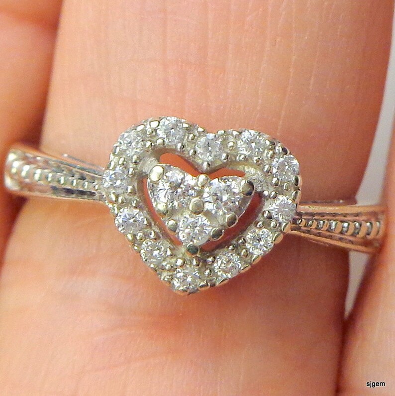 Solid 10k White Gold,White Diamonds,Promise Ring,Pave Setting,Promise Ring,Sweetheart Gift,Diamond Heart,Lady/'s Engagement Ring,Wedding Ring