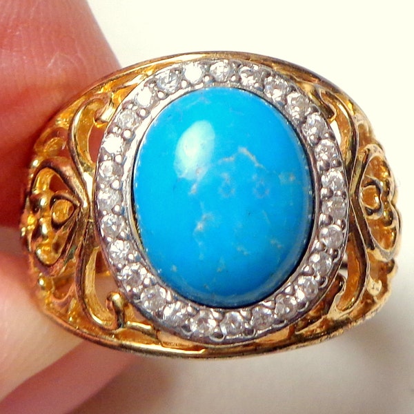 Sz 9.25, Genuine Turquoise Ring, Yellow Gold Plated, Diamond Cut CZ Halo, Ornate Style, Filigree Setting, Estate Jewelry