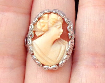 Size Adjustable, Vintage Cameo, New Sterling Silver Filigree Ring, Italian Hand Carved, Conch Shell Cameo, OOAK