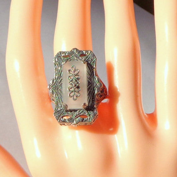 Size 8, Vintage Camphor Glass Ring, Sterling Silv… - image 2