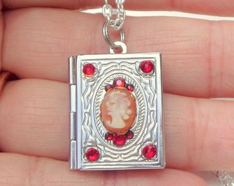 Vintage, Hand Carved Conch Shell Cameo, Book Locket Necklace,Vintage Stamping, Red Swarovski Crystals, OOAK