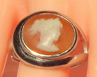 Size Adjustable, Vintage Cameo, New Sterling Silver Ring, Hand Carved Cameo, Italian Carved Conch Shell Cameo, OOAK