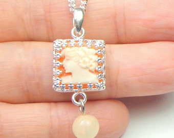 Vintage Hand Carved Conch Shell Cameo Necklace, Creamy Peach, Welo Opal, New Sterling Silver Chain,OOAK