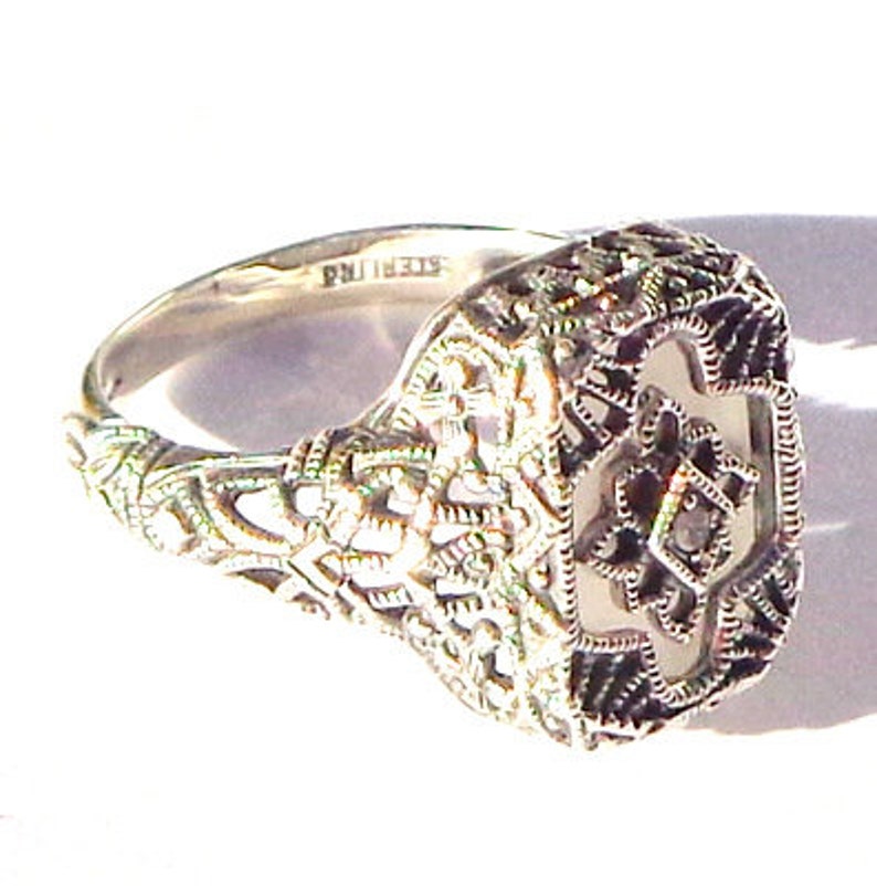Vintage Camphor Glass Ring Sterling Silver Filigree Edwardian Fantasy Art Deco Ring Victorian Style Diamond Ring Size 6
