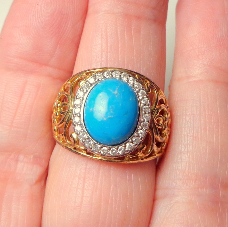 Sz 9.25 Genuine Turquoise Ring Filigree Setting Estate Jewelry Yellow Gold Plated Diamond Cut CZ Halo Ornate Style