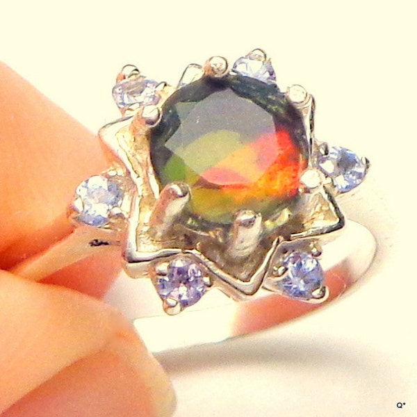 Sz 6.5,Black Opal Ring,Tanzanite Accents,Sterling Silver,Star Shaped Setting,Ethiopian Welo Opal Ring,Multi-Color,Natural Gemstone Ring,OOAK