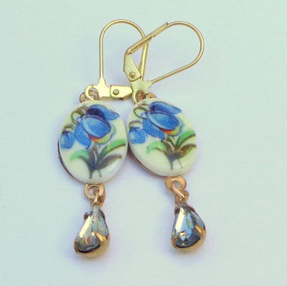 Vintage Stock, Cameo Earrings, Antique Blue Paint… - image 1