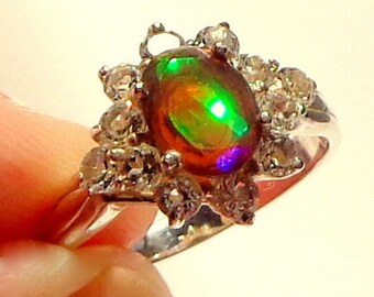 Size 7, Black Welo Opal, Sterling Silver Ring, White Sapphire Halo, Faceted, Incredible Color Play Opal, Red, Blue, Green, Yellow, OOAK