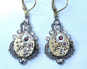 Steampunk Earrings, Gold Ruby Jeweled Watch Movements, Swarovski Crystal, OOAK