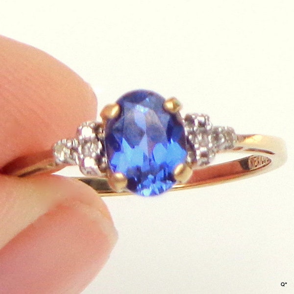 Estate London Blue Topaz 10k Yellow Gold Ring with Diamond Accents