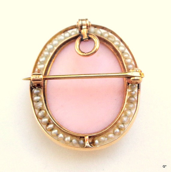 10k Yellow Gold, Antique Cameo, Carved Pink Shell… - image 2