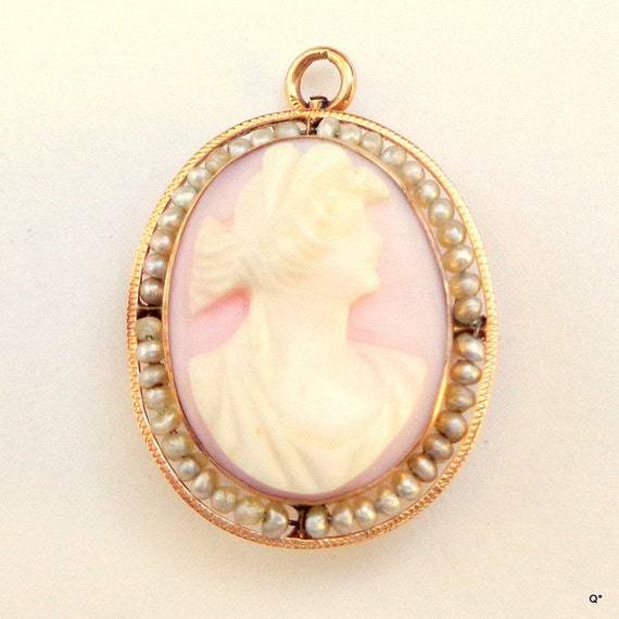 10k Yellow Gold, Antique Cameo, Carved Pink Shell… - image 1