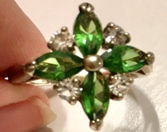 Size 8 3/4, 9K Solid White Gold, Designer Ring, JWBR, Green Garnet & Diamond Ring, AWESOME Vintage Gold Ring, Estate Jewelry from the UK