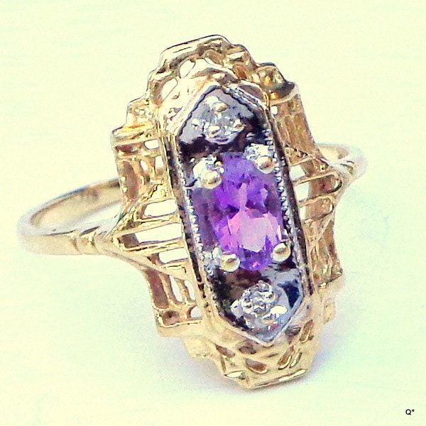 Solid 10k Gold, Vintage Ring, Victorian Style, Amethyst, Diamond Ring, Gold Filigree Ring, Two Tone, Yellow/White Gold Ring, Antique Ring