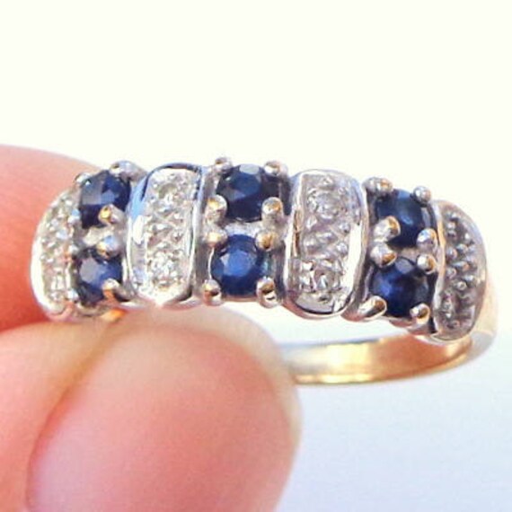 Sz 5 1/2, Solid 9K Gold Ring, Blue Sapphire, Diam… - image 1