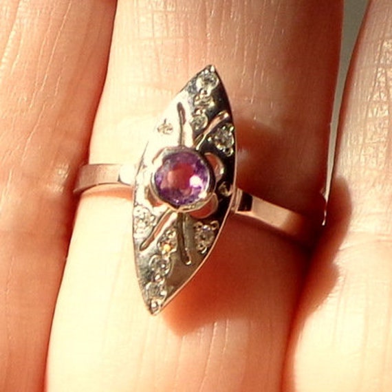 Antique Amethyst, Solid 14K White Gold Marquise R… - image 3