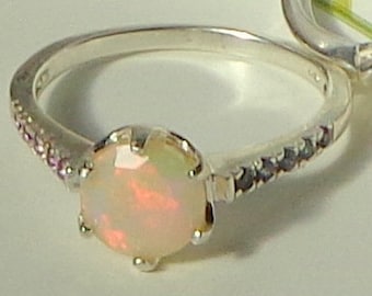 Sz 10, Ethiopian, Welo Opal Ring, Sterling Silver, Semi-Transparent, Natural Gemstone, Color Play Opal, Peach,Yellow,Green