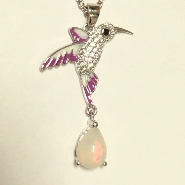 Humming Bird, Opal Necklace, Sterling Silver Setting, Multi Color Fire, Green, Lavender, Peach, Yellow Opal Necklace