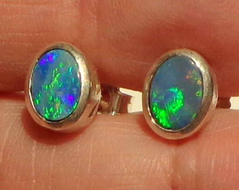 Blue Pink Hand Crafted OOAK Color Play Opals Sterling Silver Settings Natural Australian Opal Earrings Green