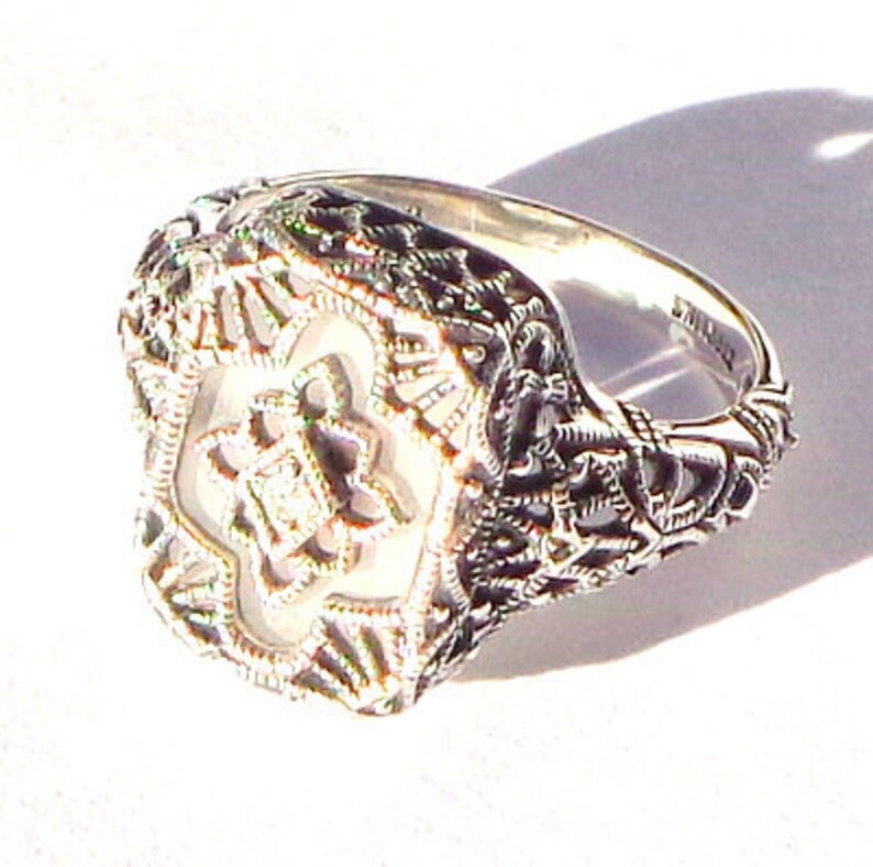 Vintage Camphor Glass Ring Sterling Silver Filigree Edwardian Fantasy Art Deco Ring Victorian Style Diamond Ring Size 6
