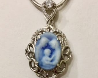 Hand Carved Blue Agate Cameo, New Sterling Silver Filigree Heart Setting and Chain, Cameo Necklace, Genuine Cameo, Lady's Gift, OOAK