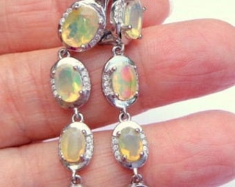 Ethiopian Welo Opal Earrings,CZ Accents,Sterling Silver/White Gold Settings,Faceted Green, Peach, Blue, Yellow Color Play Opals,Hand Crafted