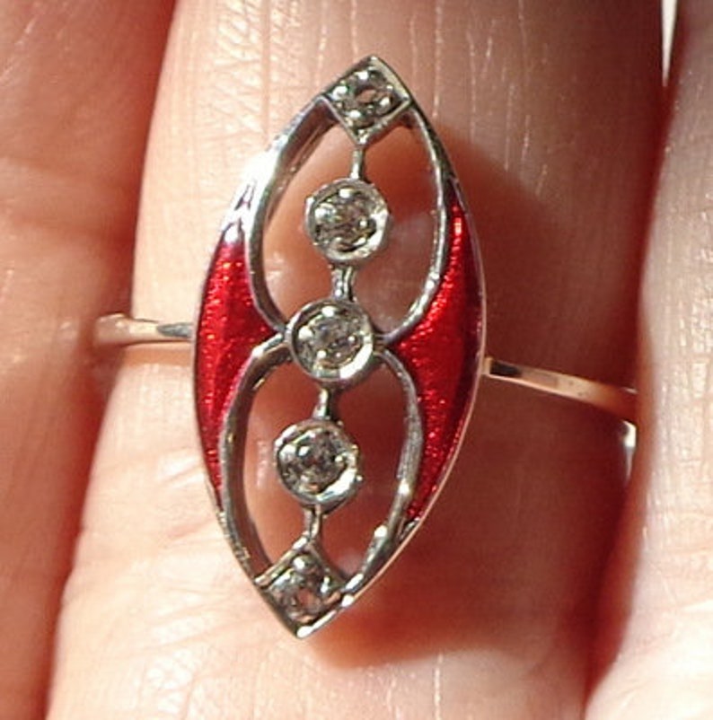 White Topaz /& Red Enamel Sterling Silver Size 7 14 Estate Ring Art Deco Ring Style Marquise Open Work Ring