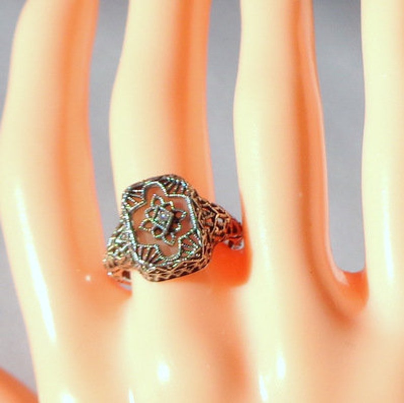Vintage Camphor Glass Ring Sterling Silver Filigree Edwardian Fantasy Art Deco Ring Victorian Style Diamond Ring Size 6