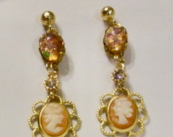 Victorian Design Cameo Earrings, Hand Carved Conch Shell Cameos, Victorian Jewelry, Cameo Earrings, Vintage Opal Glass