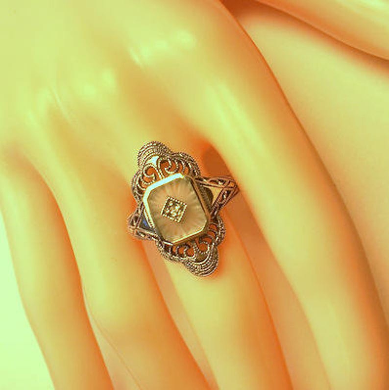 Size 8, Vintage, Sunray Camphor Glass Ring, Sterling Silver Filigree, Edwardian Fantasy, Art Deco Ring, Victorian Style, Diamond Ring image 2