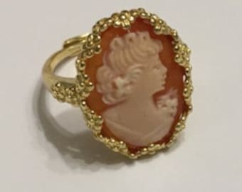 Vintage Cameo, New Sterling Silver, Gold Filled Ring, Hand Carved Cameo, Italian Carved Conch Shell Cameo, Size Adjustable, OOAK