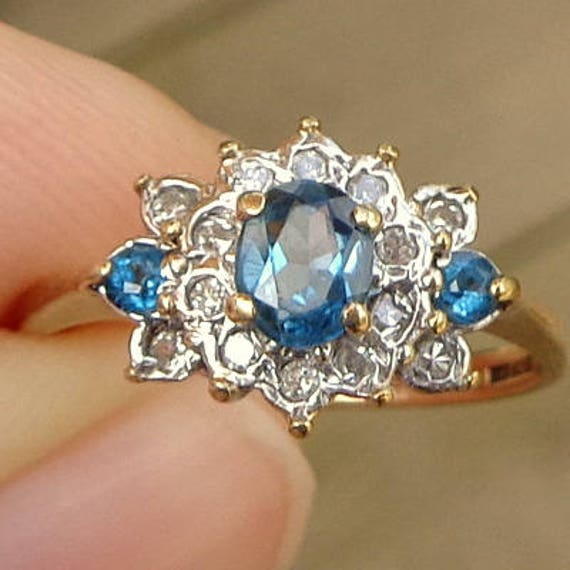 Size 6, Blue Zircon, Diamond, 9k Yellow Gold Ring,