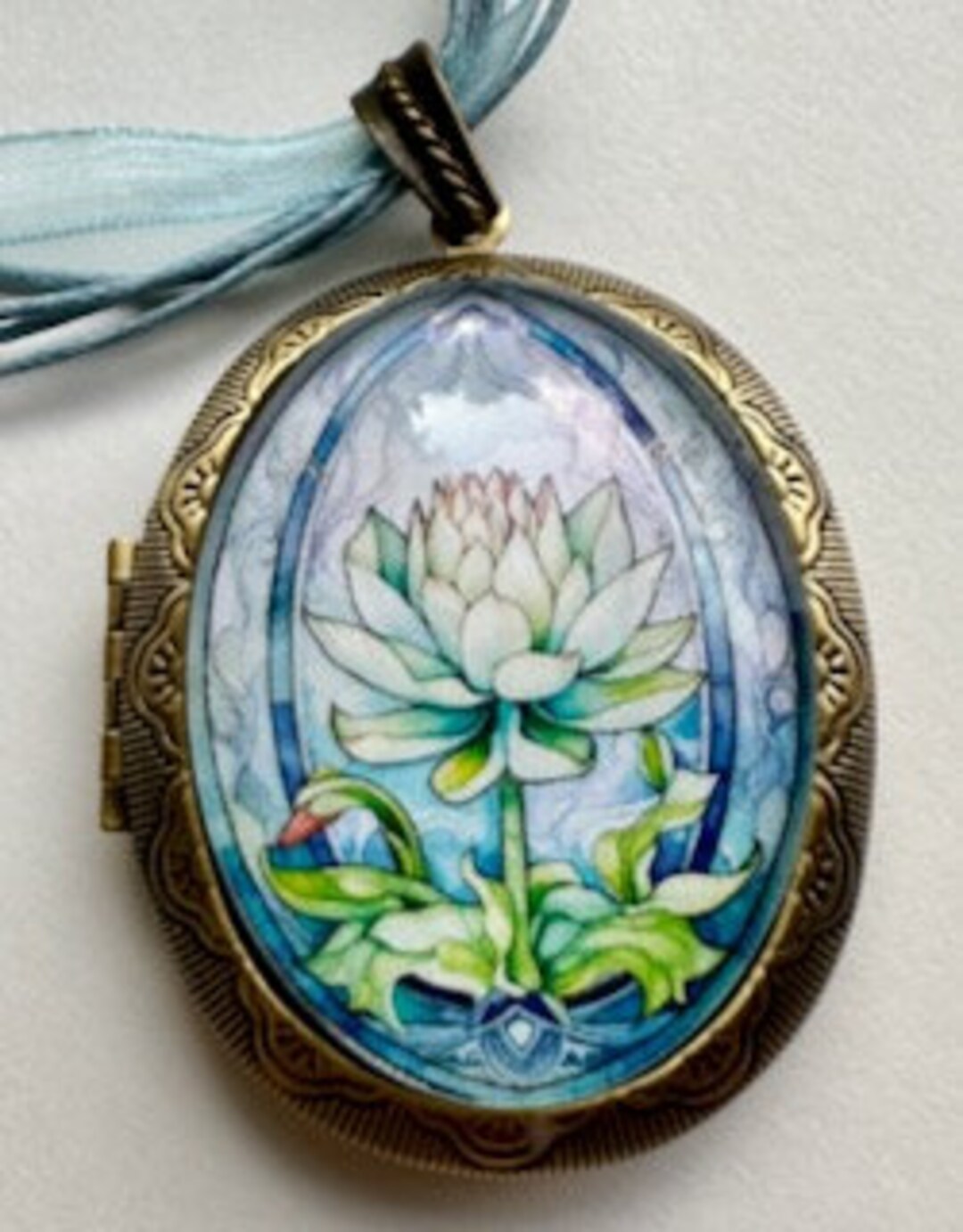Large Cameo Locket, Water Lily Theme, With Coordinated Ribbon Necklace ...