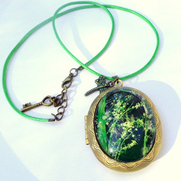 Large Cameo Locket, Glass Capped, Painted Lilies of the Valley, Green Braided Leather Cord, Antiqued Brass Locket, Hand Crafted