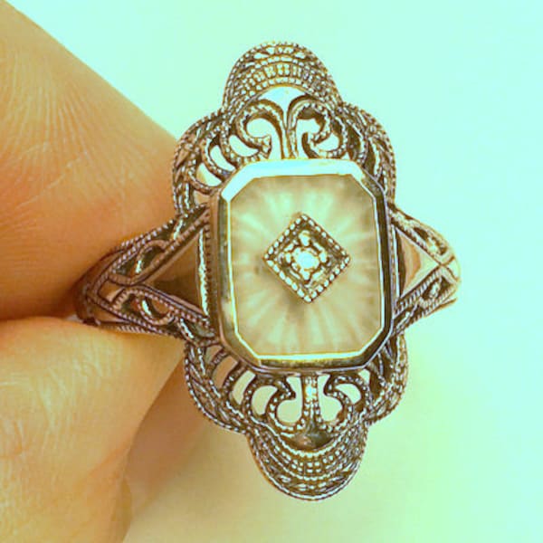 Size 8, Vintage, Sunray Camphor Glass Ring, Sterling Silver Filigree, Edwardian Fantasy, Art Deco Ring, Victorian Style, Diamond Ring