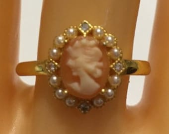 Hand Carved Conch Shell Cameo, Gold Filled, New Sterling Silver Ring, Conch Shell Cameo, Seed Pearl Accents, Size Adjustable, OOAK