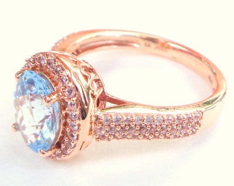 Size 6, 2ct. Natural Aquamarine,Solid 10k Rose Gold,White Sapphire Pave Accents, New Setting, Sweetheart Gift, Engagement Ring, Promise Ring