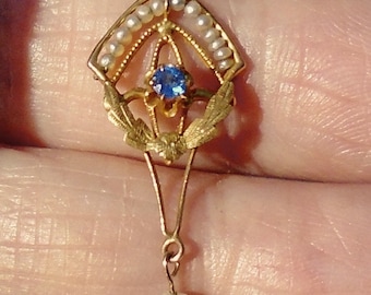 Vintage 10k Solid Yellow Gold Lavaliere, Seed Pearl Pendent, Estate Jewelry