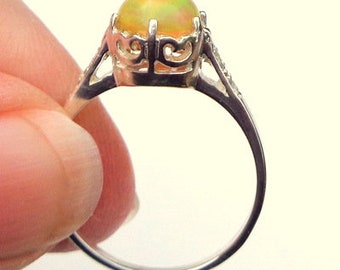 Size 6 3/4, Welo Opal Ring, Round Cabochon, Natural Ethiopian Opal, Yellow, Orange, Green Fire Opal, Sterling Silver Filigree Setting, OOAK