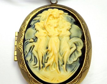 Large, Cameo Locket Necklace, Ivory on Onyx Black Background, Three Graces, Three Fates